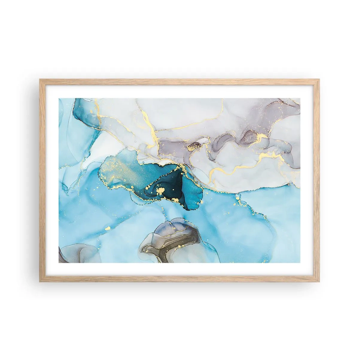 Plakát v rámu světlý dub - Studie o setkání šedé a tyrkysové - 70x50 cm