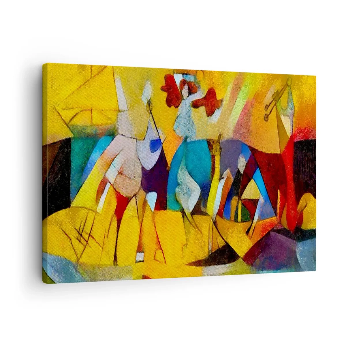 Obraz na plátně - Barevná abstrakce zobrazující postavy v geometrickém tvaru - 70x50cm - Slunce - život - radost - Moderní nástěnná dekorace do obývacího pokoje a ložnice ARTTOR