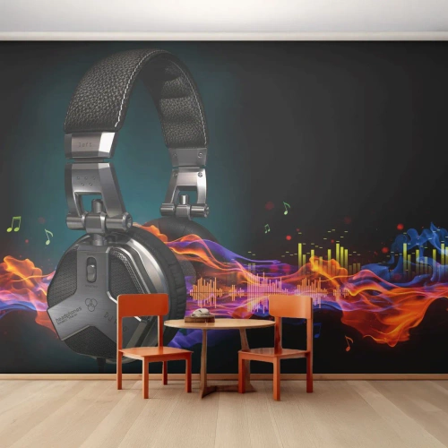 Fototapeta Premium Canvas - V ohni hudby - Abstrakce, Hudba, Sluchátka - 250x175 cm