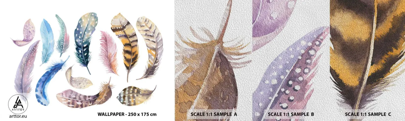 Vzor Fototapety Premium Sand - Lehké, strakaté a vícebarevné - Ptačí peří, Ptactvo, Grafika - 100x30 cm