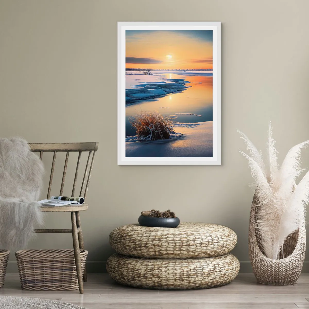 Plakát v bílém rámu - Zimní západ slunce - 30x40 cm