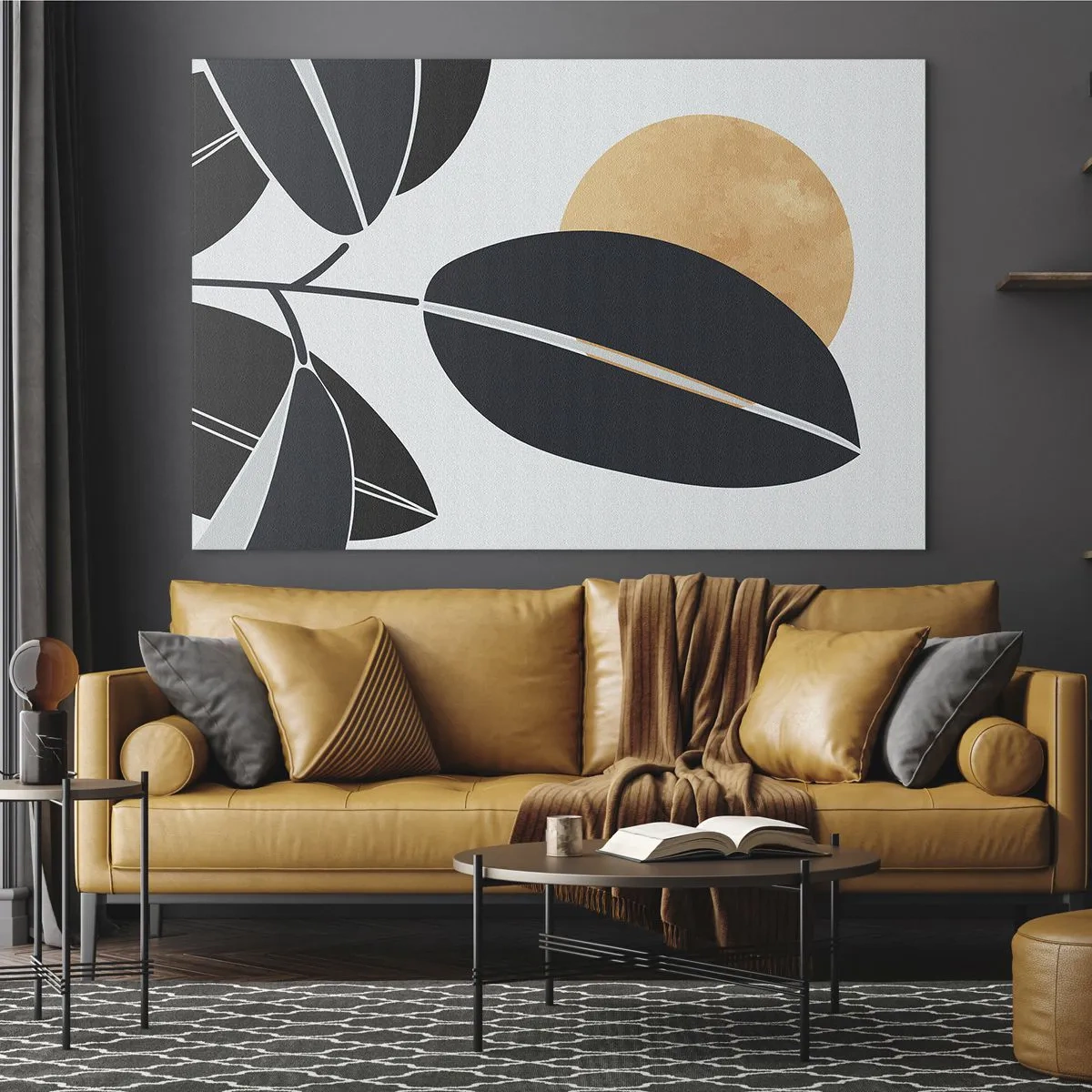 Obraz na skle - Stylizované listy v černé barvě s oranžovým sluncem v pozadí - 70x50cm - Den horkého léta - Moderní nástěnná dekorace do obývacího pokoje a ložnice ARTTOR
