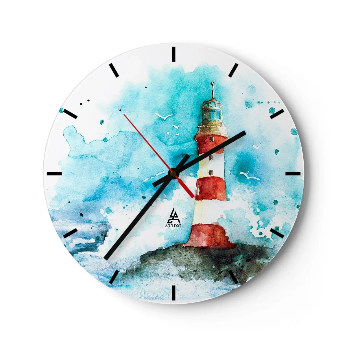Nástěnné hodiny - Maják proti akvarelové obloze - 30x30cm - Jednota živlů - Moderní nástěnná dekorace do obývacího pokoje, kuchyně a ložnice ARTTOR