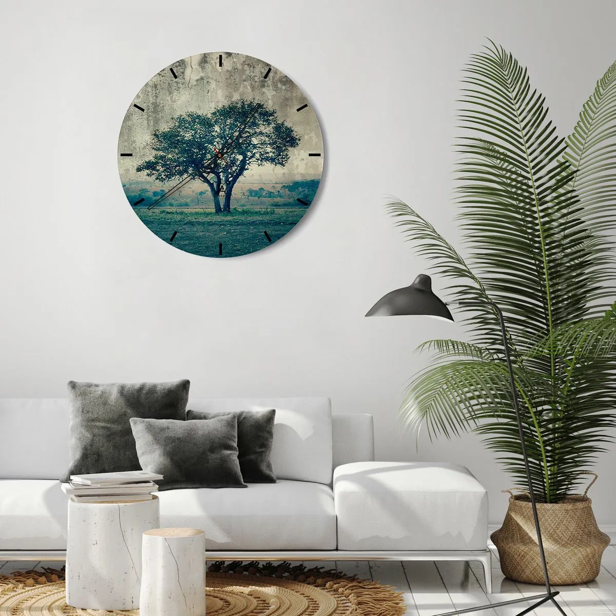 Nástěnné hodiny - Osamělý strom proti modré krajině - 30x30cm - Jabloň na modrém poli? - Moderní nástěnná dekorace do obývacího pokoje, kuchyně a ložnice ARTTOR