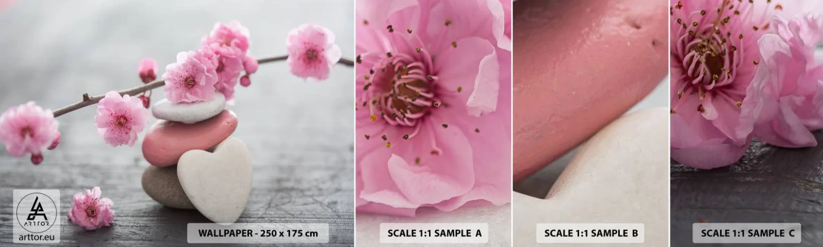 Vzor Fototapety Samolepicí Deluxe Sticker - Blaženost s višňovým květem - Srdce, Květ, Kameny - 100x30 cm