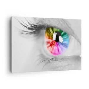 Obraz na plátně - Umělecký snímek oka s duhovkou na šedém pozadí - 70x50cm - Dívat se na svět barevně - Moderní nástěnná dekorace do obývacího pokoje a ložnice ARTTOR