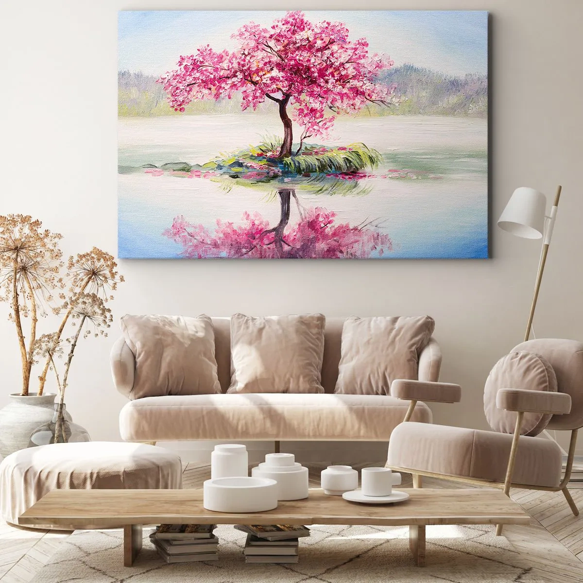 Obraz na plátně - Kvetoucí strom na klidné vodě - 70x50cm - Svátek jara - Moderní nástěnná dekorace do obývacího pokoje a ložnice ARTTOR