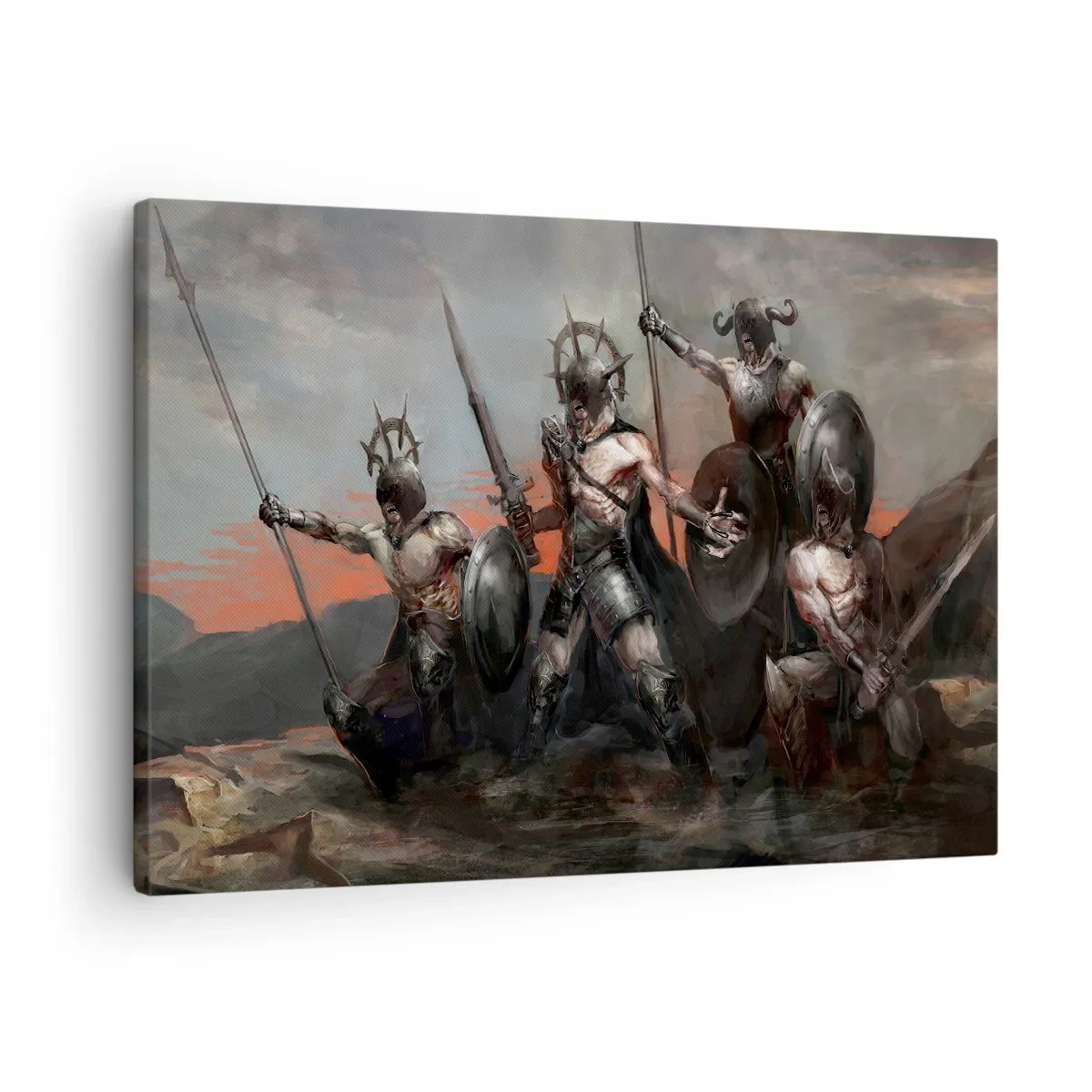 Obraz na plátně - Skupina válečníků v brnění s kopími na pozadí západu slunce - 70x50cm - Se štítem nebo na štítu - Moderní nástěnná dekorace do obývacího pokoje a ložnice ARTTOR