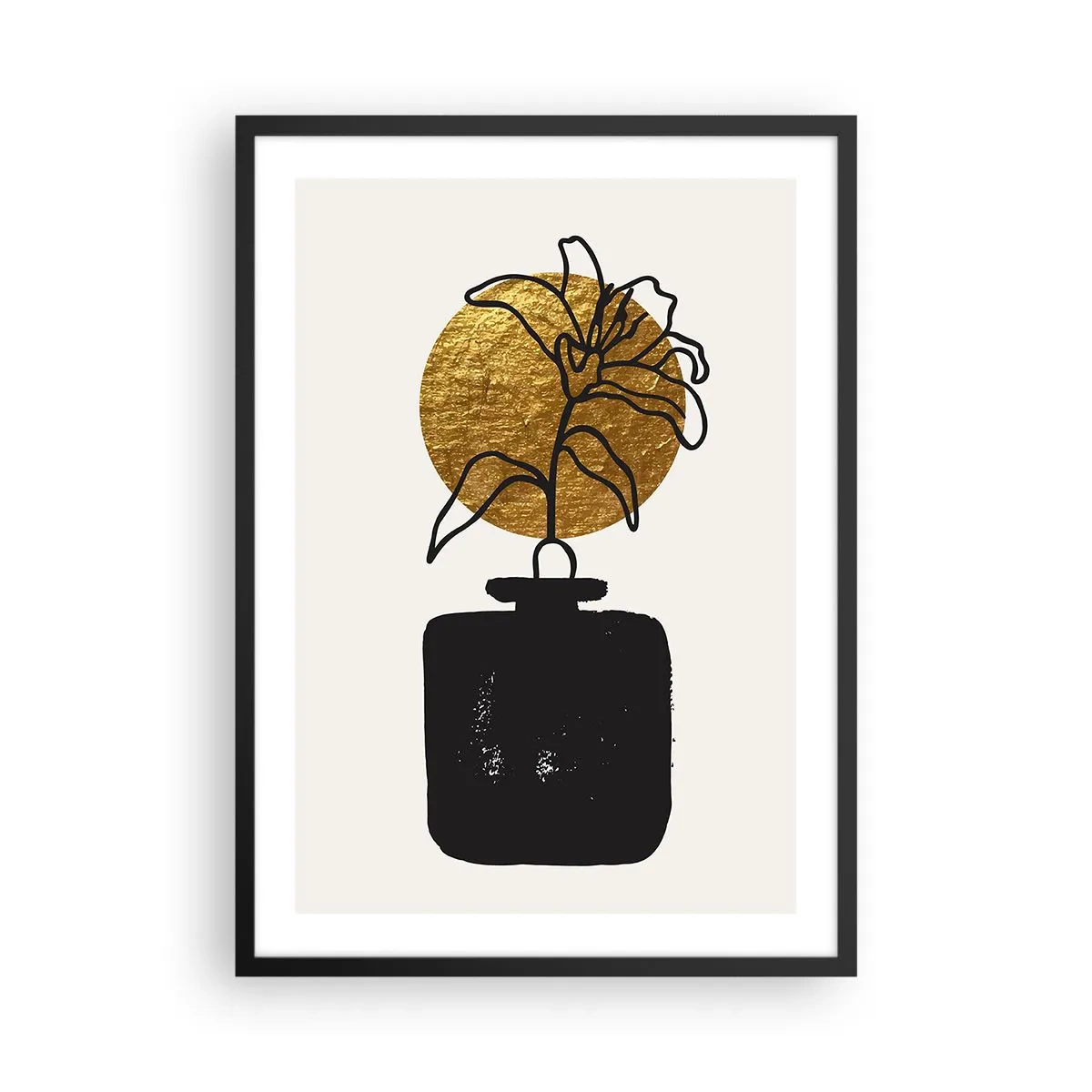 Plakát v černém rámu - Abstraktní kompozice s květinou a zlatým kruhem - 50x70cm - Krása, která má cenu zlata - Moderní nástěnná dekorace do obývacího pokoje a ložnice ARTTOR
