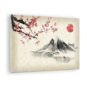 Obraz na skle - Japonský akvarelový obraz hory a kvetoucí větve - 70x50cm - Zamilujte se do Japonska - Moderní nástěnná dekorace do obývacího pokoje a ložnice ARTTOR