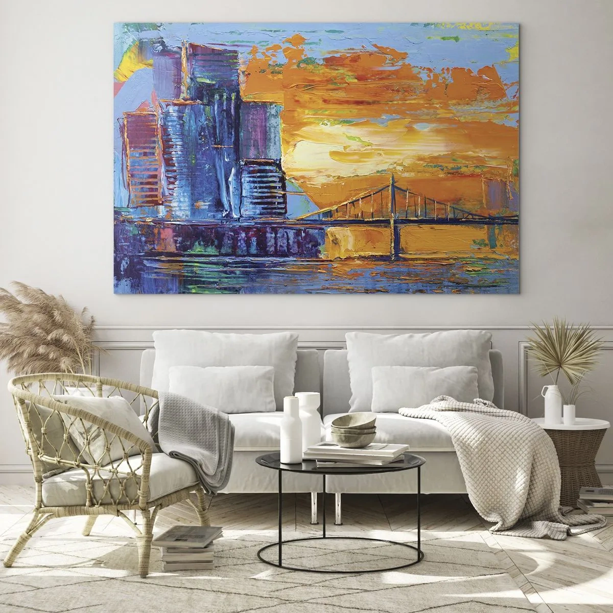Obraz na skle - Barevné město a most v záři zapadajícího slunce - 70x50cm - Kultura a příroda - Moderní nástěnná dekorace do obývacího pokoje a ložnice ARTTOR