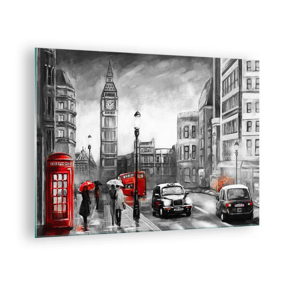 Obraz na skle - Big Ben a ulice Londýna s červenými akcenty na šedém pozadí - 70x50cm - Vůbec ne šedé město - Moderní nástěnná dekorace do obývacího pokoje a ložnice ARTTOR