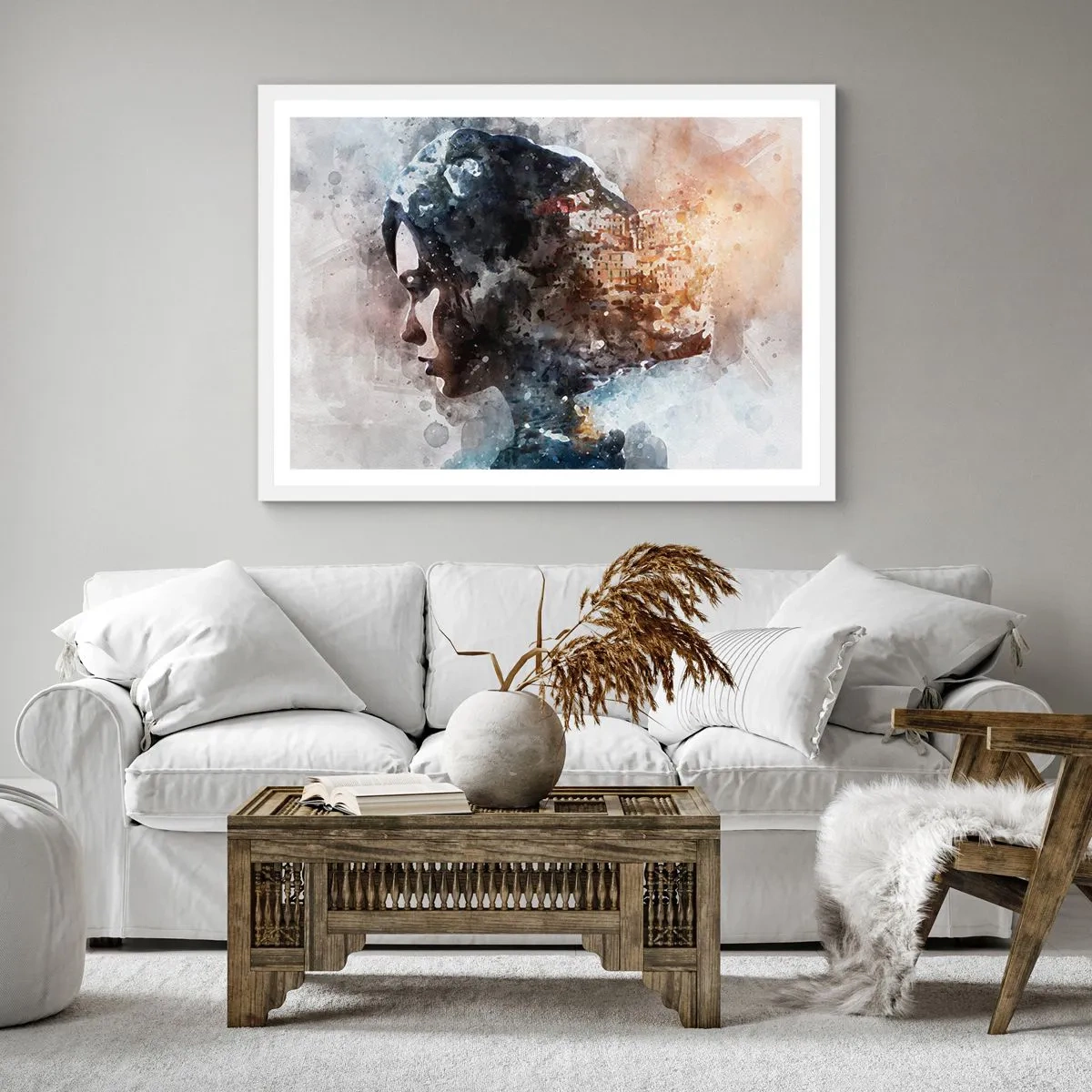 Plakát v bílém rámu - Příběh o dívce s městem v pozadí - 40x40 cm