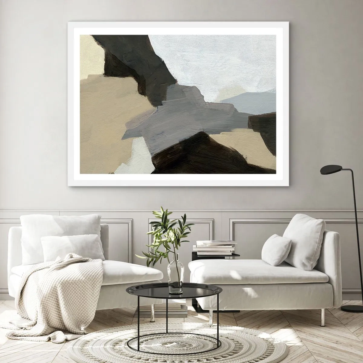 Plakát v bílém rámu - Abstrakce: křižovatka šedi - 91x61 cm