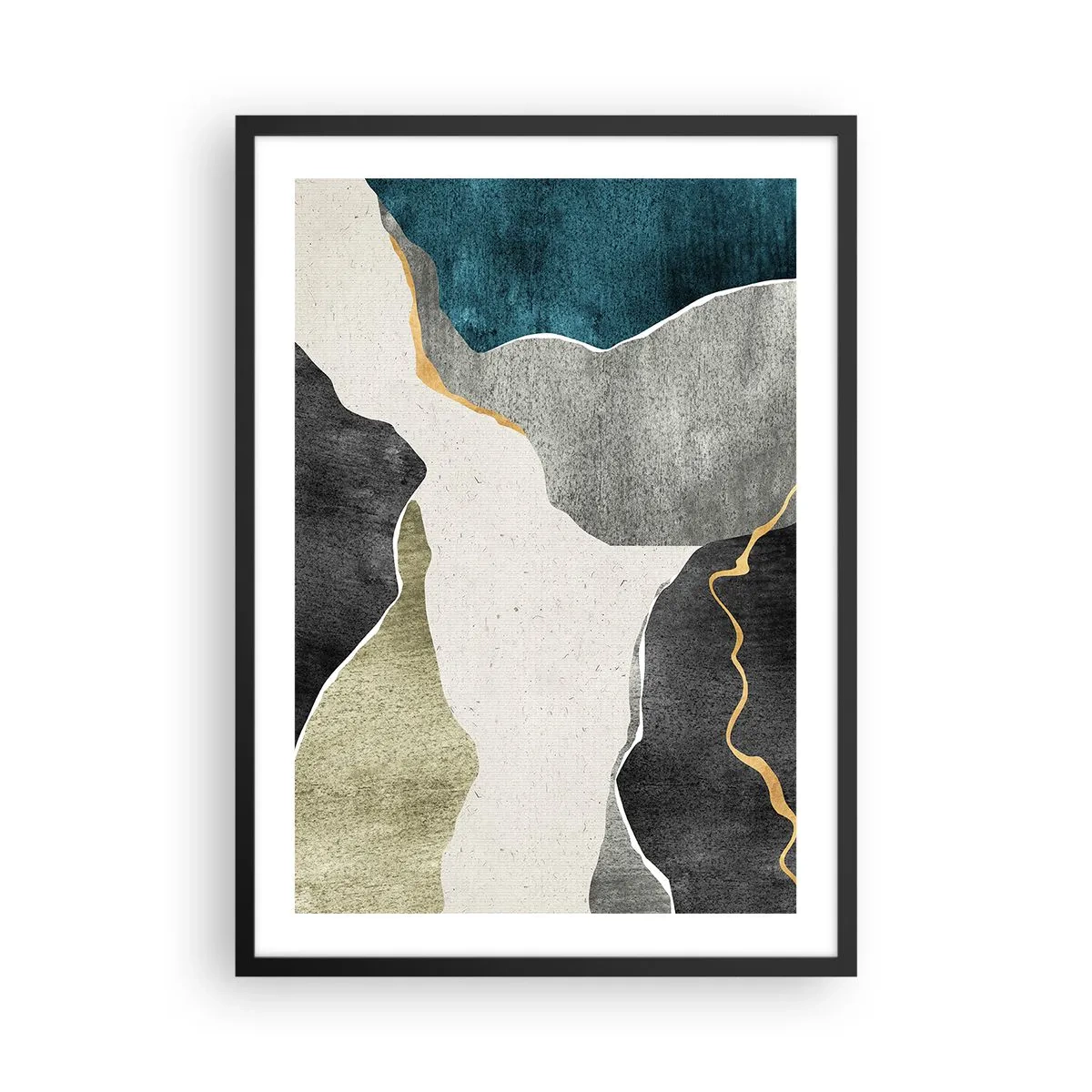 Plakát v černém rámu - Abstraktní kompozice s geometrickými tvary - 50x70cm - Mozaiková kompozice se zlatou nití - Moderní nástěnná dekorace do obývacího pokoje a ložnice ARTTOR