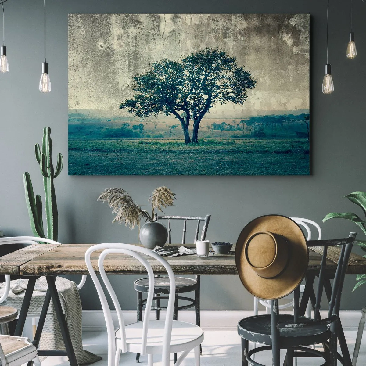 Obraz na plátně - Osamělý strom proti mlhavé krajině - 70x50cm - Jabloň na modrém poli? - Moderní nástěnná dekorace do obývacího pokoje a ložnice ARTTOR