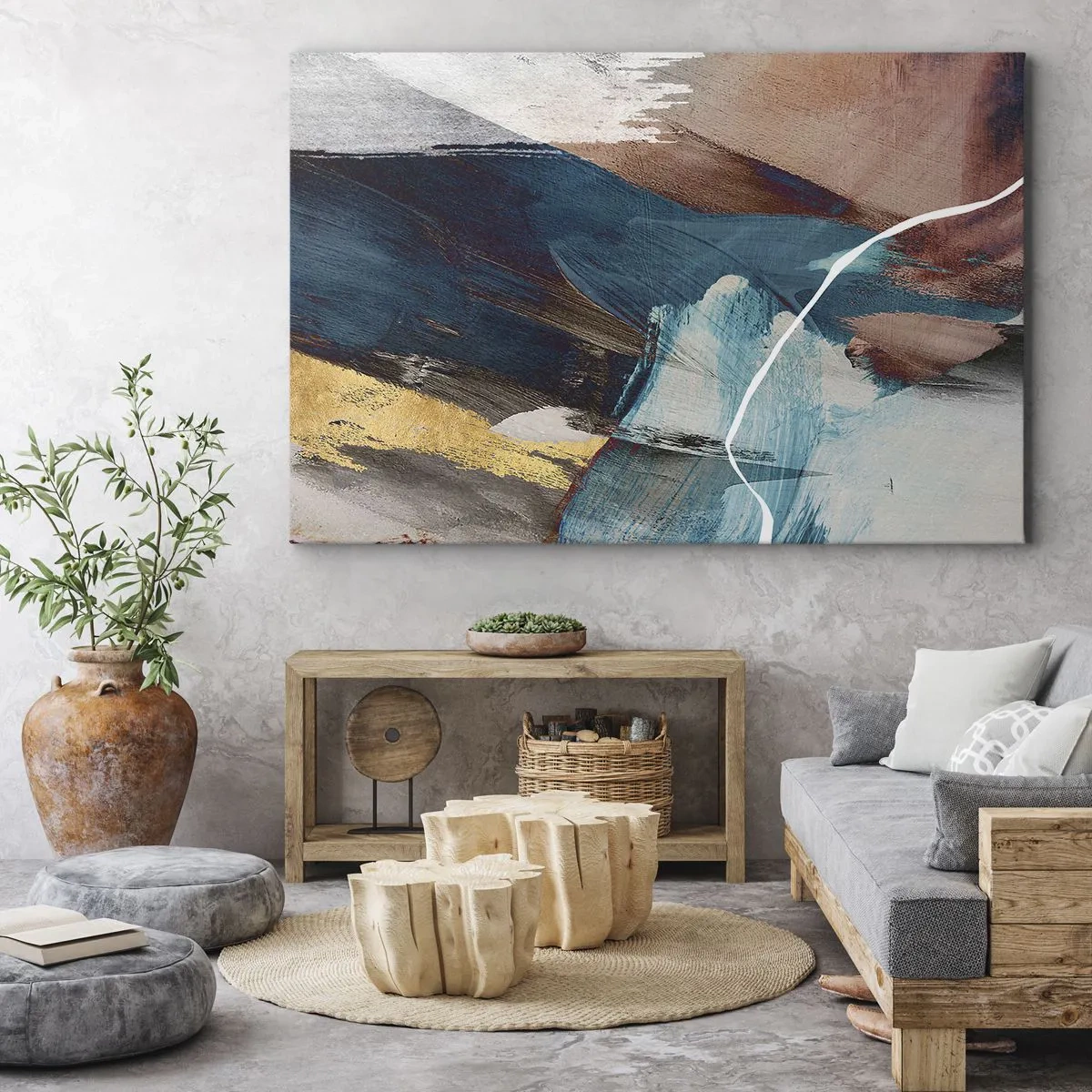 Obraz na plátně - Abstraktní tahy štětcem v odstínech modré a zlaté - 70x50cm - Na plno a s energií - Moderní nástěnná dekorace do obývacího pokoje a ložnice ARTTOR