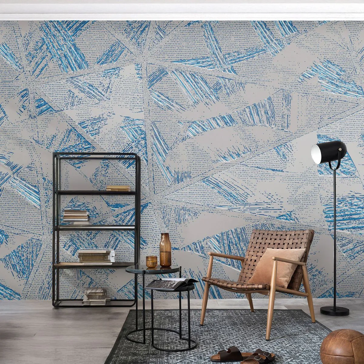 Fototapeta Standard Eco - Geometrický vzor v odstínech šedé a modré - 100x70cm - V šedomodrém labyrintu - Moderní nástěnná dekorace do obývacího pokoje a ložnice ARTTOR