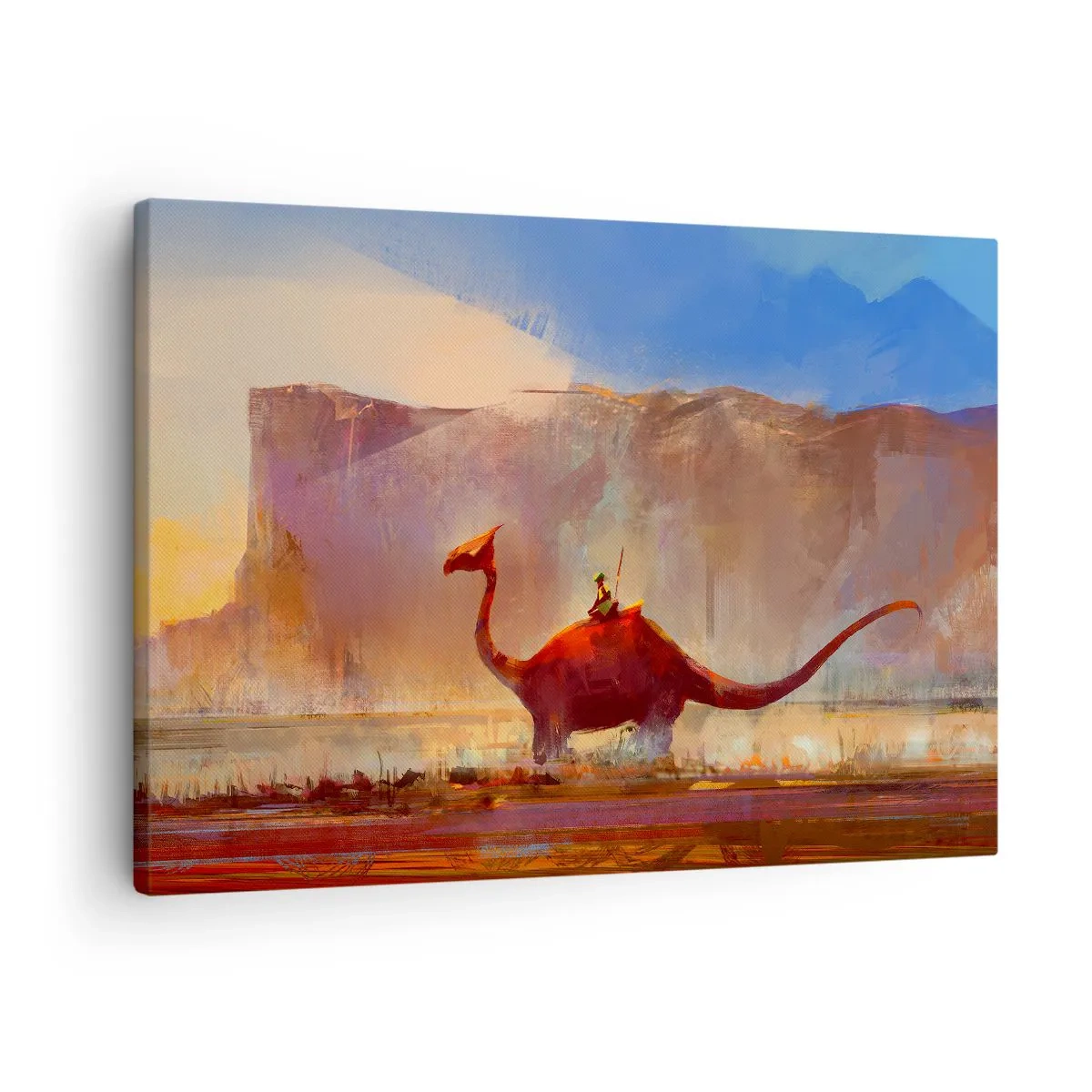 Obraz na plátně - Fantastická scéna s jezdcem na prehistorickém tvorovi - 70x50cm - Kdyby nevyhynuly - Moderní nástěnná dekorace do obývacího pokoje a ložnice ARTTOR