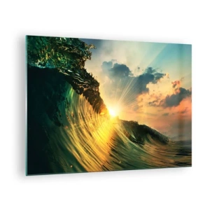 Obraz na skle - Zapadající slunce osvětluje vlny oceánu - 70x50cm - Surfaři, kde jsi? - Moderní nástěnná dekorace do obývacího pokoje a ložnice ARTTOR