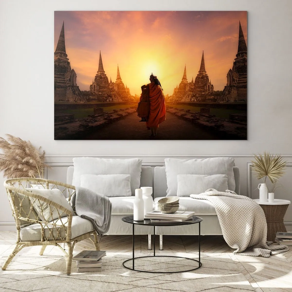 Obraz na skle - Mnich na pozadí zapadajícího slunce a chrámů v Asii - 70x50cm - V klidu věčností - Moderní nástěnná dekorace do obývacího pokoje a ložnice ARTTOR