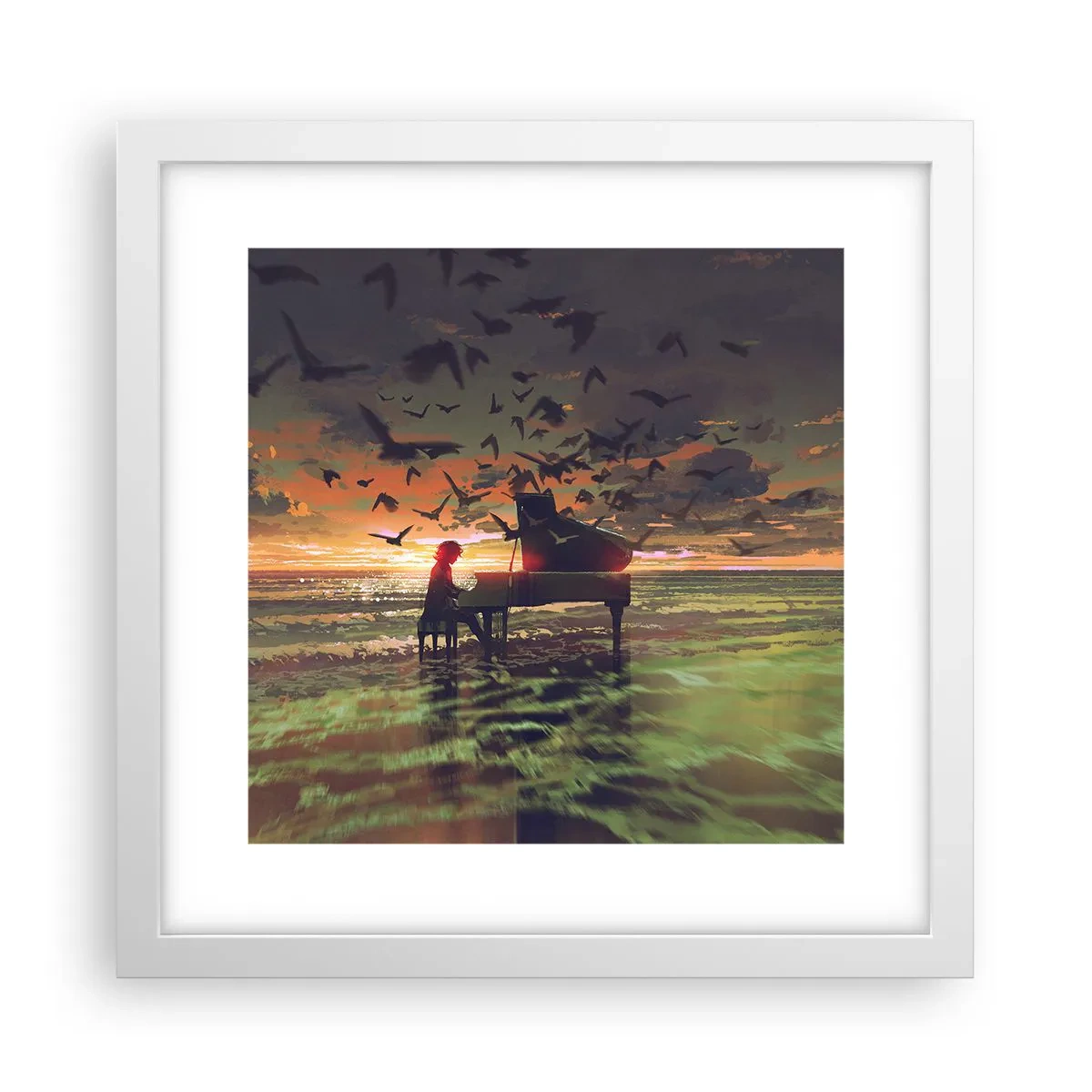Plakát v bílém rámu - Koncert na piano a vlny - 30x30 cm