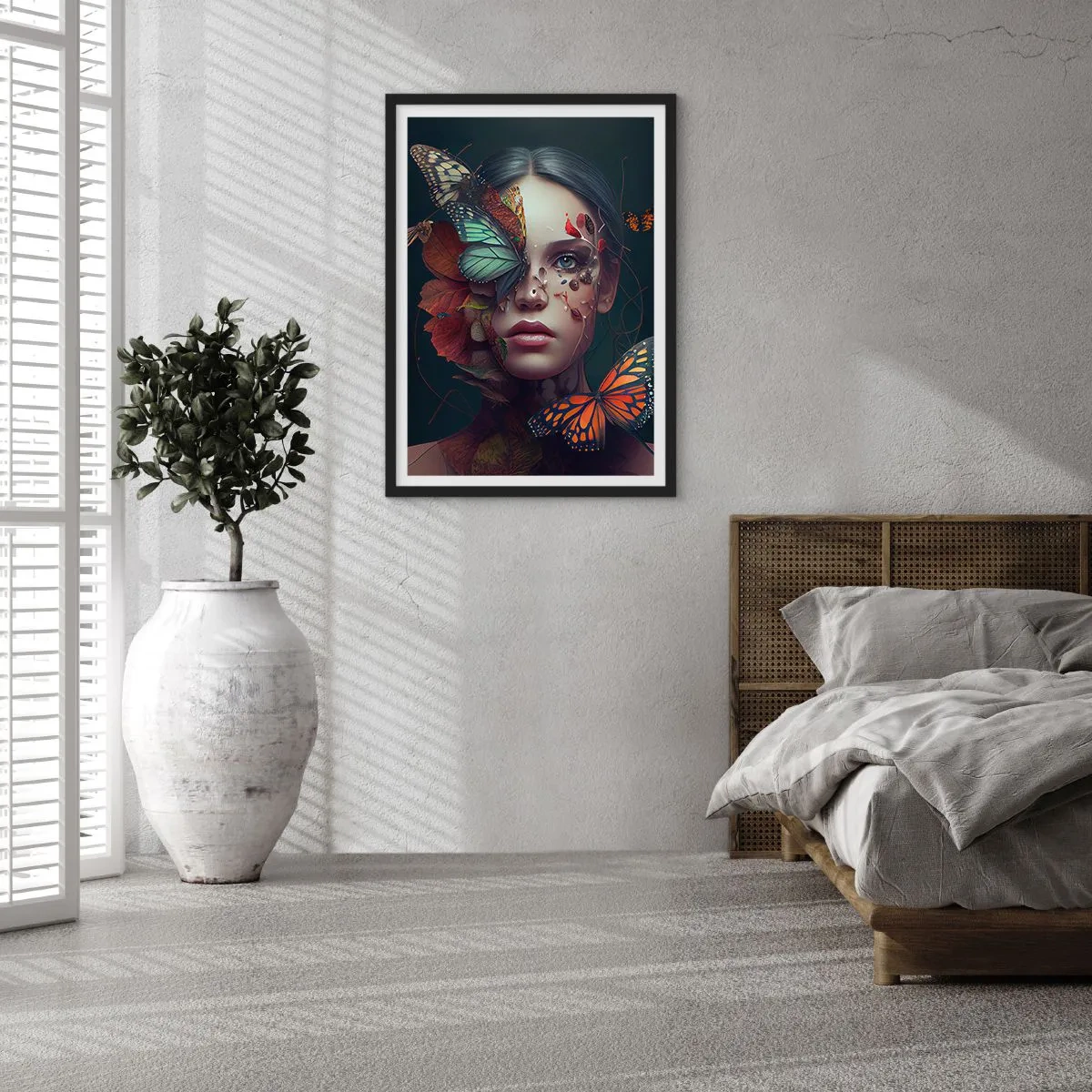 Plakát v černém rámu - Portrét ženy s motýly a listy - 50x70cm - Nádherná metamorfóza - Moderní nástěnná dekorace do obývacího pokoje a ložnice ARTTOR