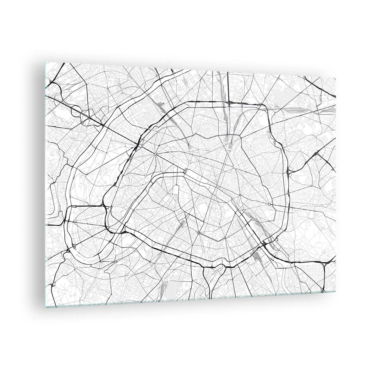 Obraz na skle - Černobílá mapa města s uliční mřížkou a kruhovými tepnami - 70x50cm - Květ Paříže - Moderní nástěnná dekorace do obývacího pokoje a ložnice ARTTOR