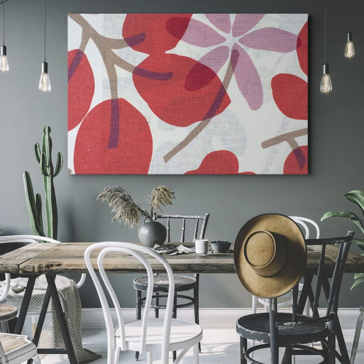 Obraz na plátně - Květy a listy v odstínech červené a růžové - 70x50cm - Květinová kompozice v růžové - Moderní nástěnná dekorace do obývacího pokoje a ložnice ARTTOR