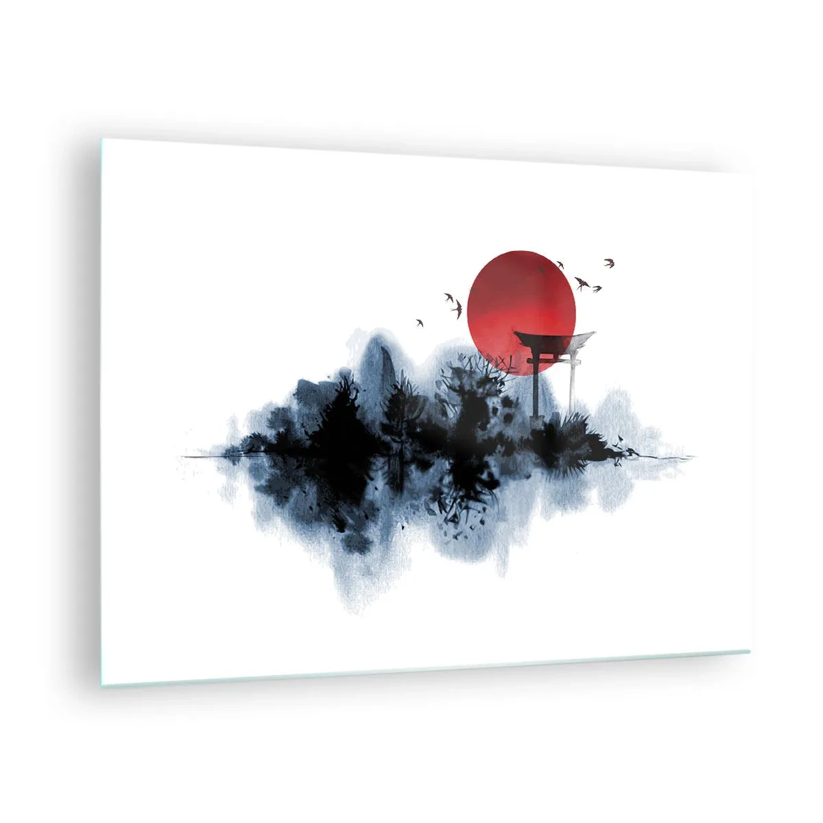 Obraz na skle - Minimalistická krajina s bránou torii a rudým sluncem. - 70x50cm - Japonský pohled - Moderní nástěnná dekorace do obývacího pokoje a ložnice ARTTOR