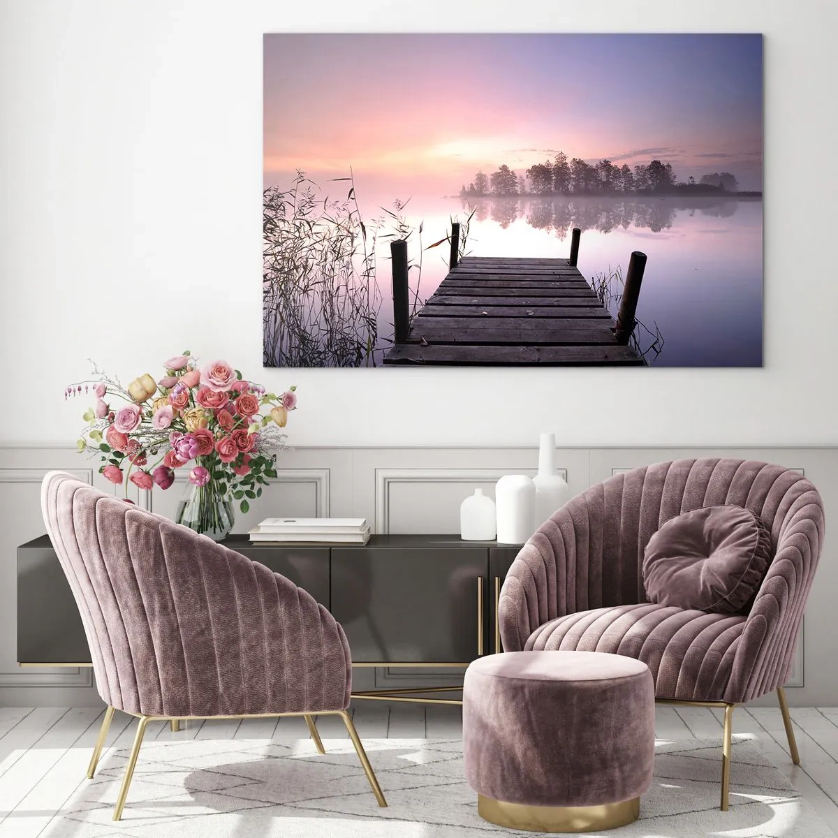 Obraz na skle - Molo při východu slunce nad klidným jezerem - 70x50cm - Z liliové mlhy… - Moderní nástěnná dekorace do obývacího pokoje a ložnice ARTTOR