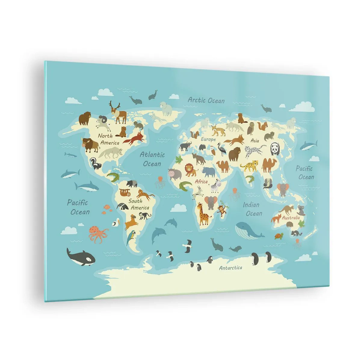Obraz na skle - Barevná mapa světa s ilustracemi zvířat z různých kontinentů. - 70x50cm - Dobří sousedé - Moderní nástěnná dekorace do obývacího pokoje a ložnice ARTTOR