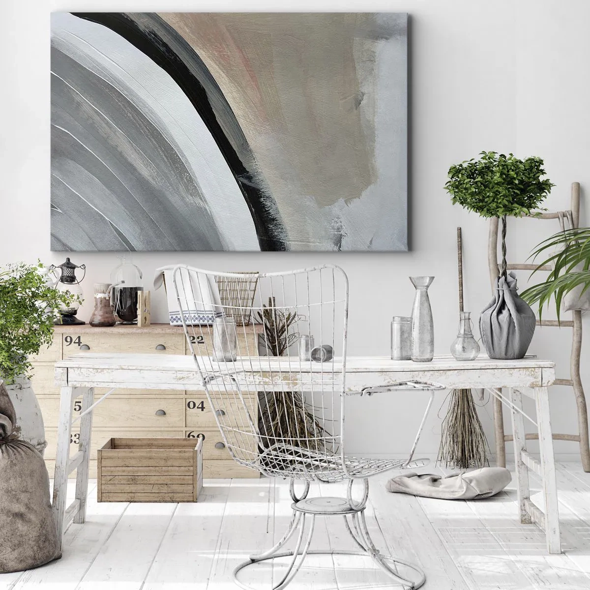 Obraz na plátně - Abstraktní oblouk v odstínech černé, šedé a béžové - 70x50cm - Kompozice: černý a šedý oblouk - Moderní nástěnná dekorace do obývacího pokoje a ložnice ARTTOR