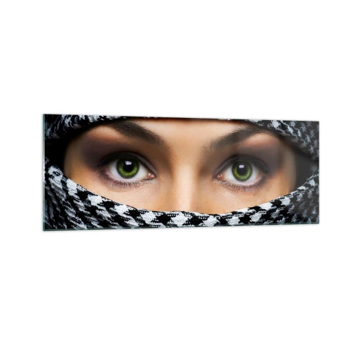 Obraz na skle - Portrét zahalené zelenooké krásky - 140x50 cm