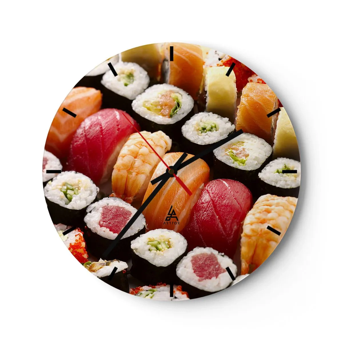 Nástěnné hodiny - Detail barevného sushi v různých typech - 30x30cm - Barvy a chutě Asie - Moderní nástěnná dekorace do obývacího pokoje, kuchyně a ložnice ARTTOR