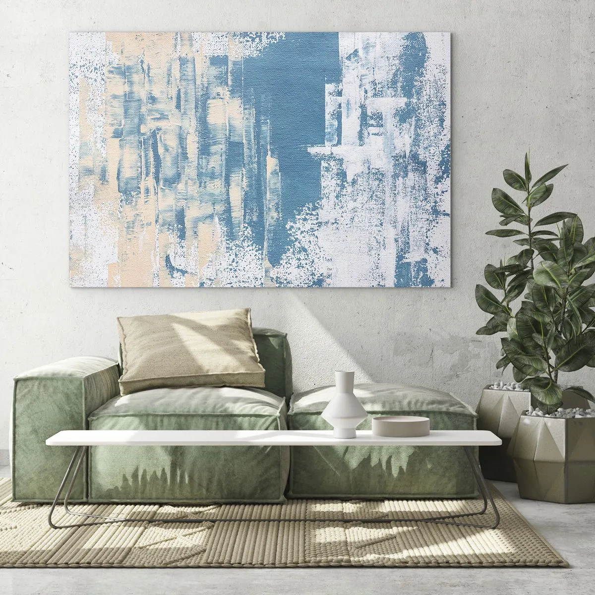 Obraz na skle - Abstrakce v modré a béžové barvě s texturou štětce - 70x50cm - Přes rampouch - Moderní nástěnná dekorace do obývacího pokoje a ložnice ARTTOR