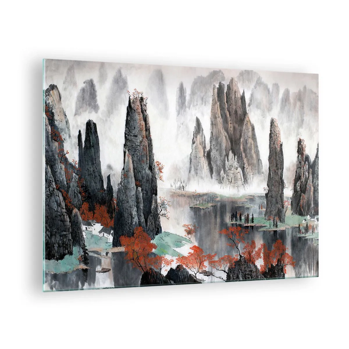 Obraz na skle - Malebná horská krajina s mlhavými vrcholky a červenými stromy - 70x50cm - Mocní strážci - Moderní nástěnná dekorace do obývacího pokoje a ložnice ARTTOR