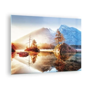 Obraz na skle - Horská krajina ráno se stromy a odrazem v jezeře - 70x50cm - Příroda v novém světle - Moderní nástěnná dekorace do obývacího pokoje a ložnice ARTTOR