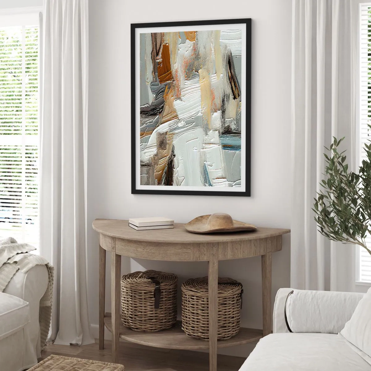 Plakát v černém rámu - Texturální abstrakce v neutrálních odstínech - 50x70cm - Barevné nahromadění - Moderní nástěnná dekorace do obývacího pokoje a ložnice ARTTOR