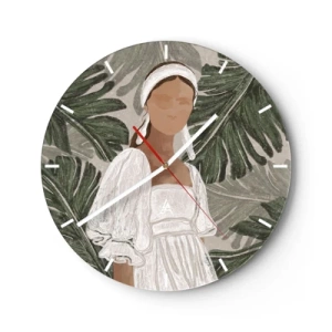 Nástěnné hodiny - Stylizovaný portrét ženy na pozadí tropického listí. - 30x30cm - Exotický portrét - Moderní nástěnná dekorace do obývacího pokoje, kuchyně a ložnice ARTTOR