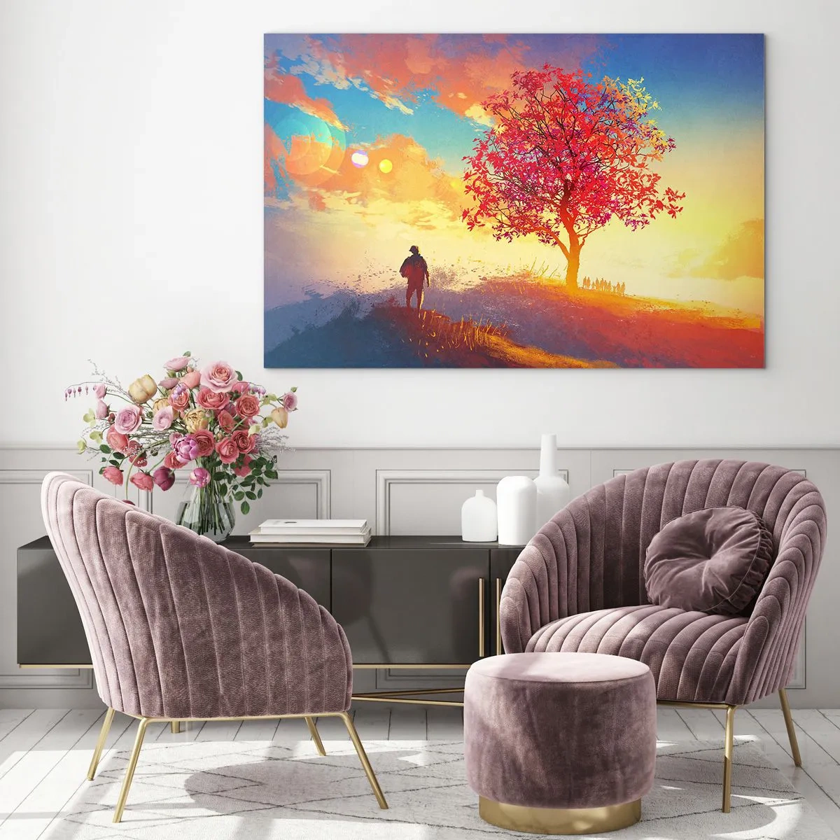 Obraz na skle - Postava na pozadí barevné oblohy a stromu v teplých barvách - 70x50cm - Poutník u cíle - Moderní nástěnná dekorace do obývacího pokoje a ložnice ARTTOR