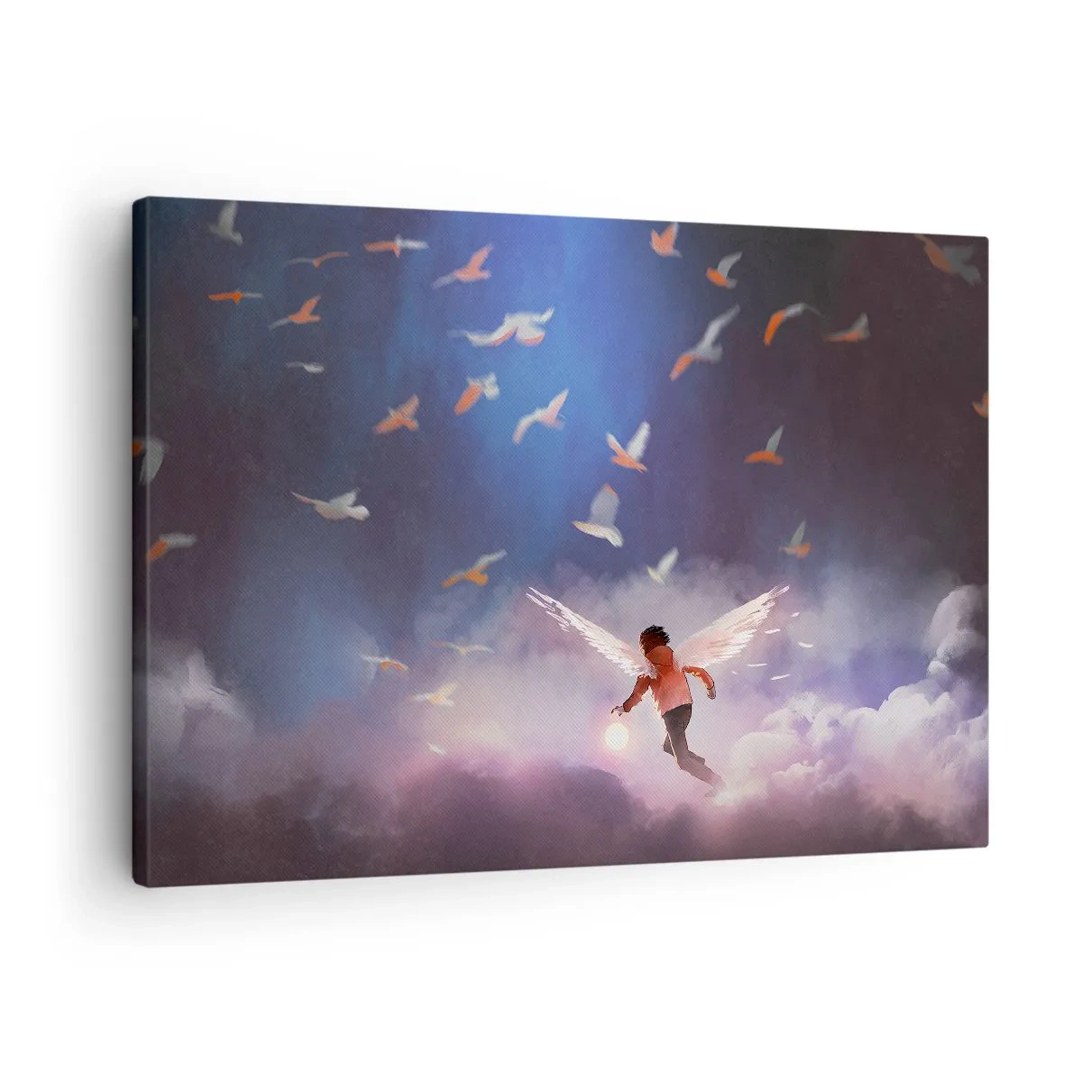 Obraz na plátně - Postava s andělskými křídly vznášející se mezi ptáky na obloze - 70x50cm - Je třeba mít odvahu a představivost - Moderní nástěnná dekorace do obývacího pokoje a ložnice ARTTOR