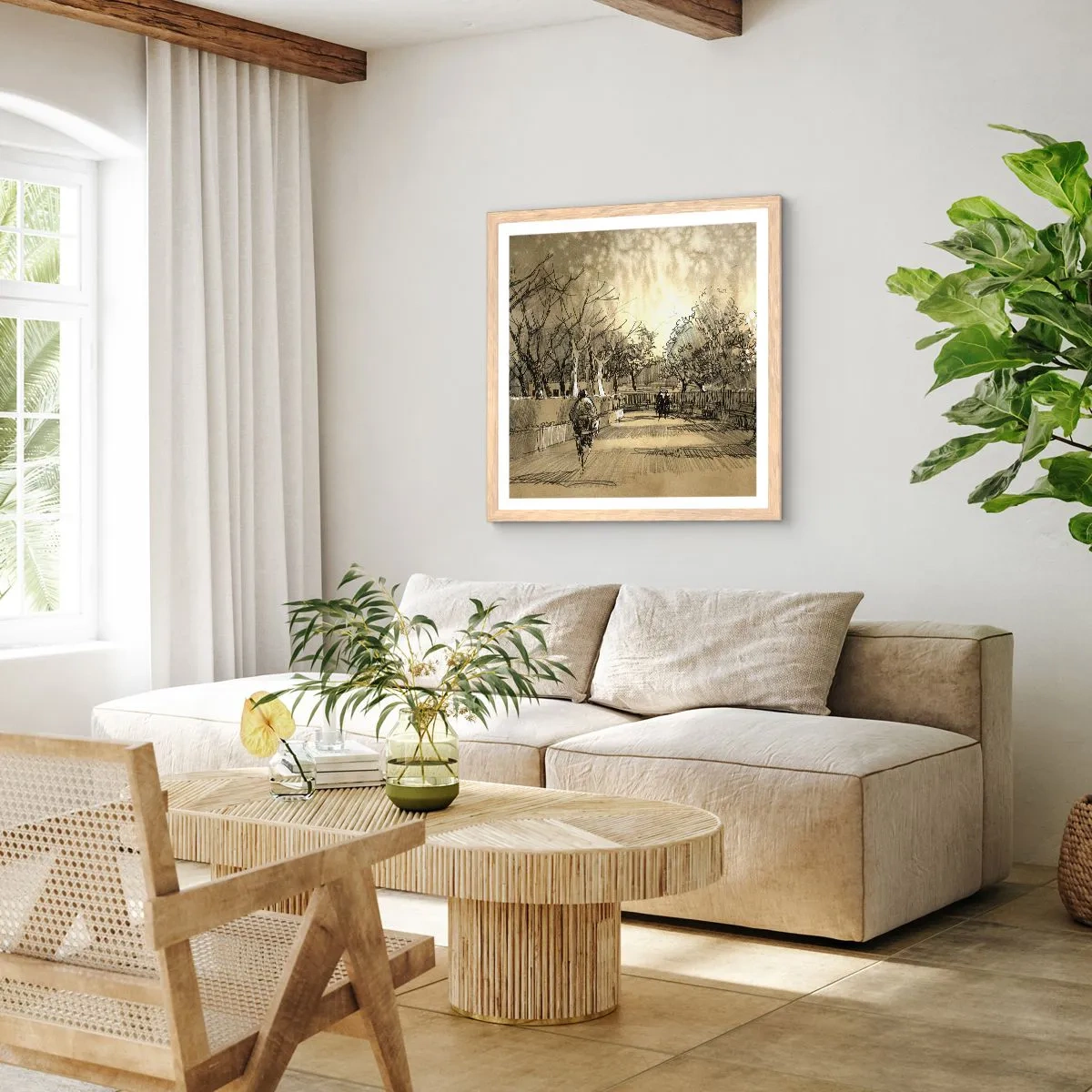 Plakát v rámu světlý dub - Pírkem zastavený okamžik - 50x50 cm
