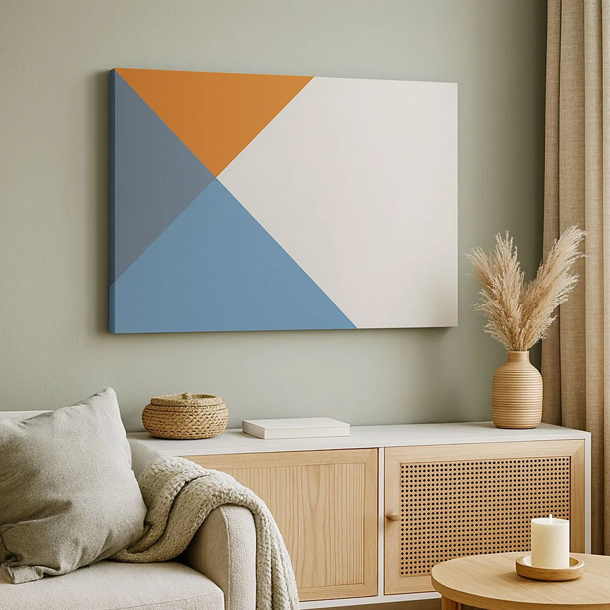 Obraz na plátně - Geometrické trojúhelníky v odstínech modré a oranžové - 70x50cm - Pod úhlem… - Moderní nástěnná dekorace do obývacího pokoje a ložnice ARTTOR