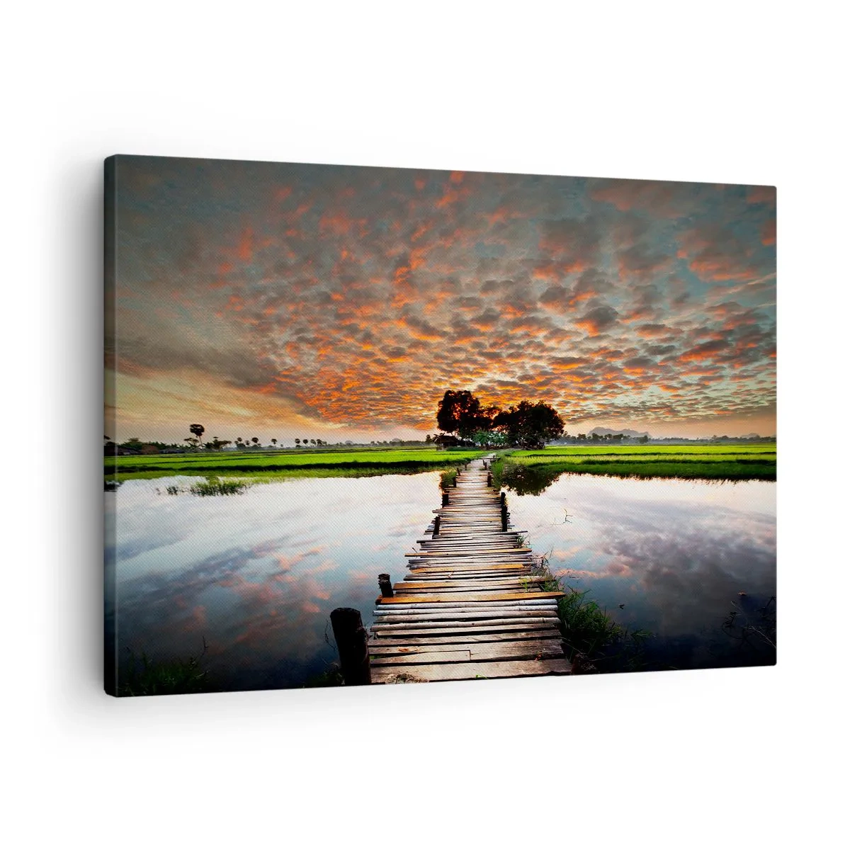 Obraz na plátně - Dřevěný most přes vodu při západu slunce - 70x50cm - Roztáhněte ruce - dýchejte  - Moderní nástěnná dekorace do obývacího pokoje a ložnice ARTTOR