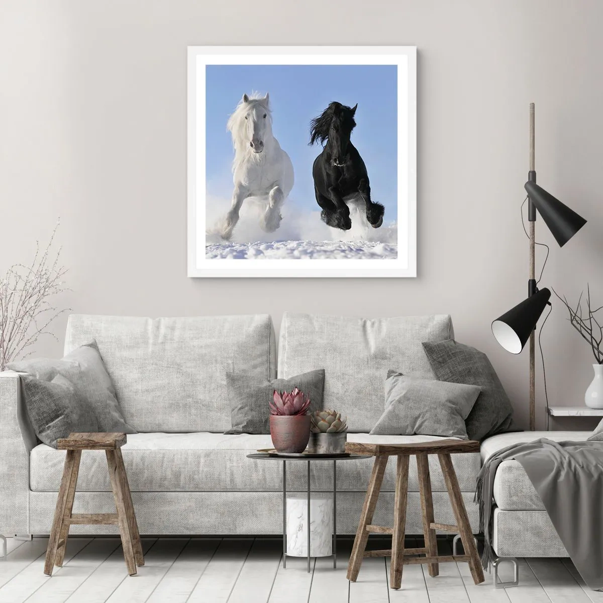 Plakát v bílém rámu - Černo-bílý cval - 30x30 cm