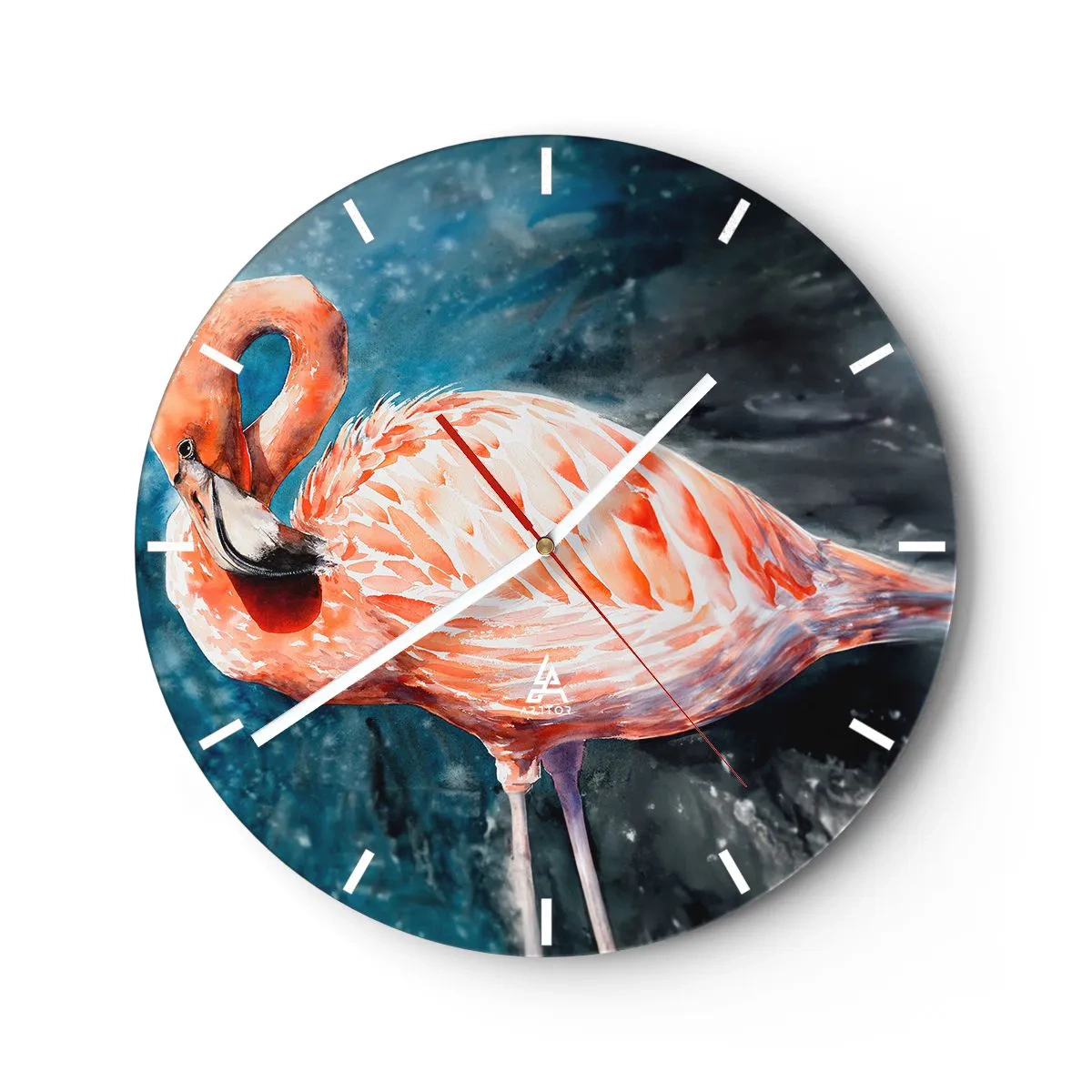 Nástěnné hodiny - Akvarelový plameňák na tmavě modrém pozadí - 30x30cm - Dekorativní od přírody - Moderní nástěnná dekorace do obývacího pokoje, kuchyně a ložnice ARTTOR
