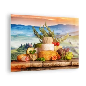 Obraz na skle - Složení sýrů a ovoce na pozadí toskánské krajiny - 70x50cm - Italská radost ze života - Moderní nástěnná dekorace do obývacího pokoje a ložnice ARTTOR