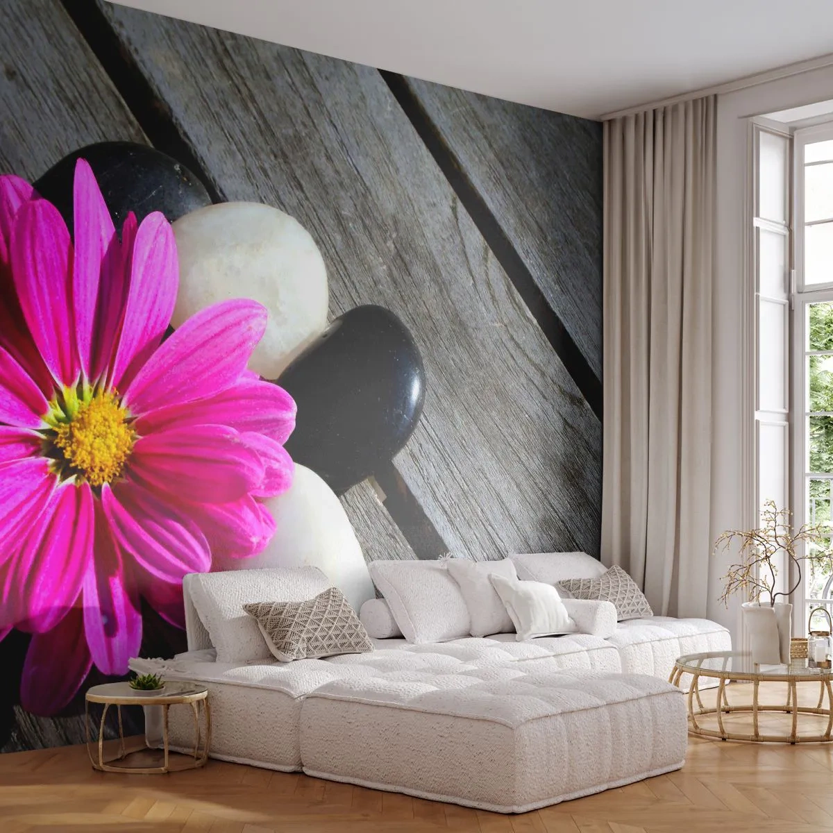 Fototapeta Samolepicí Deluxe Sticker - Odpočinek na molu - Květ, Kameny, Dřevěný most - 250x175 cm