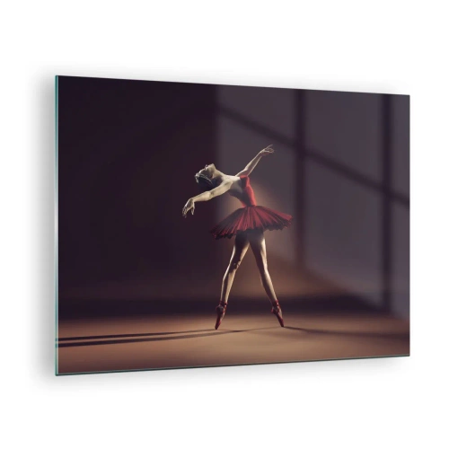 Obraz na skle - Baletka v červených šatech v dynamické póze - 70x50cm - Prima balerína - Moderní nástěnná dekorace do obývacího pokoje a ložnice ARTTOR